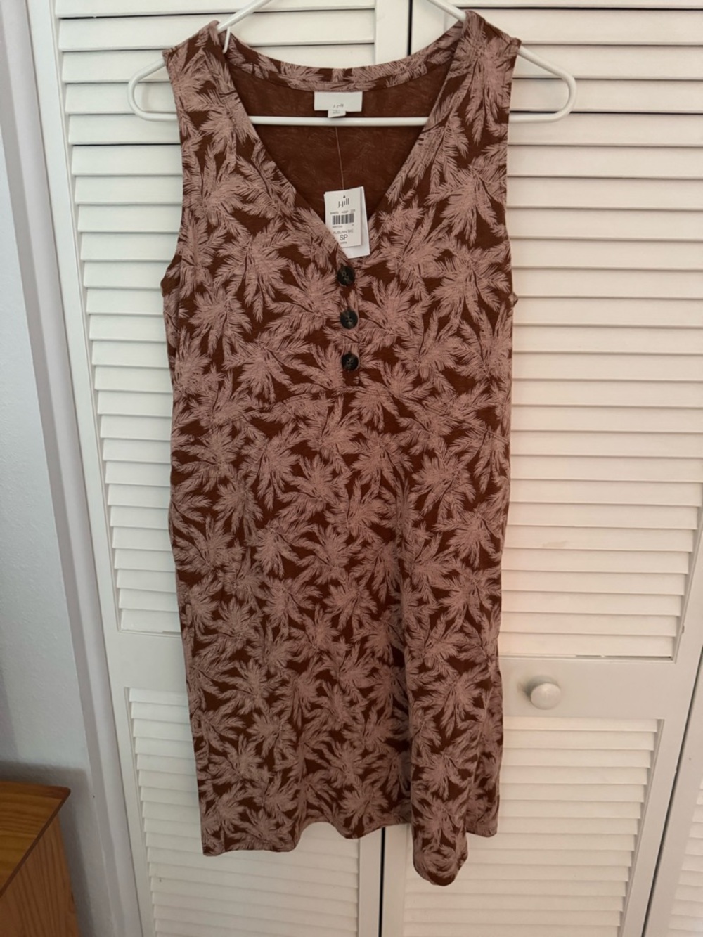 NWT Sleeveless J.Jill Brown Palm-Print V-Neck Dress, Small Petite
